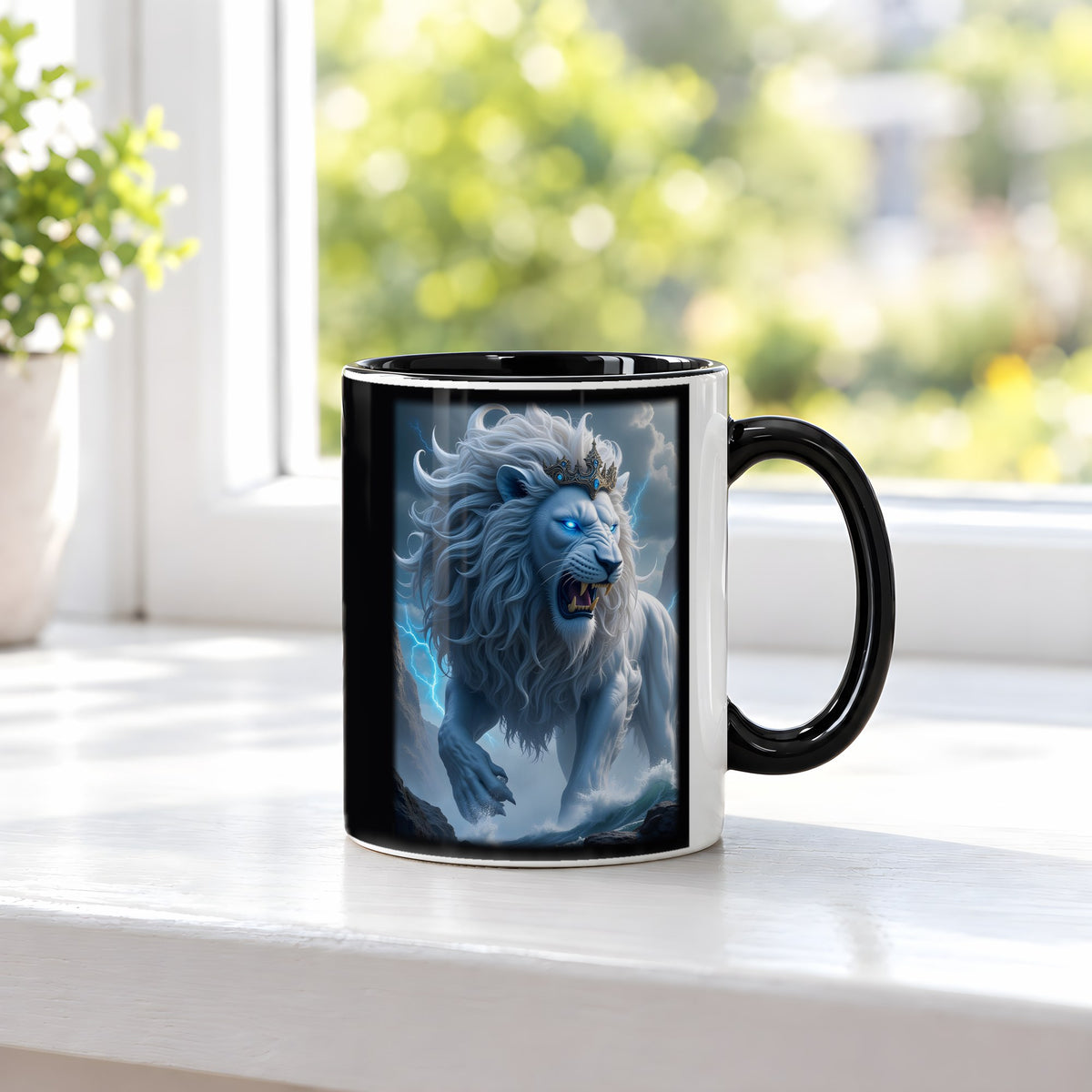 Der Blitzlöwe – Tasse innen schwarz, auf der Fensterbank
