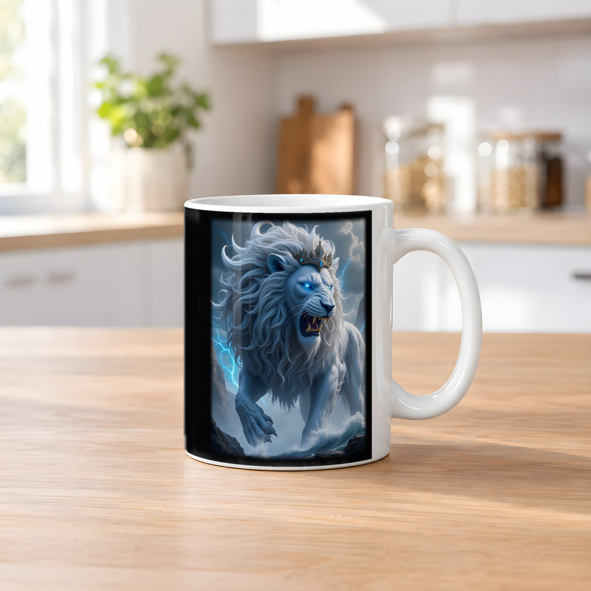 Der Blitzlöwe – weiße Tasse, auf dem Küchentresen