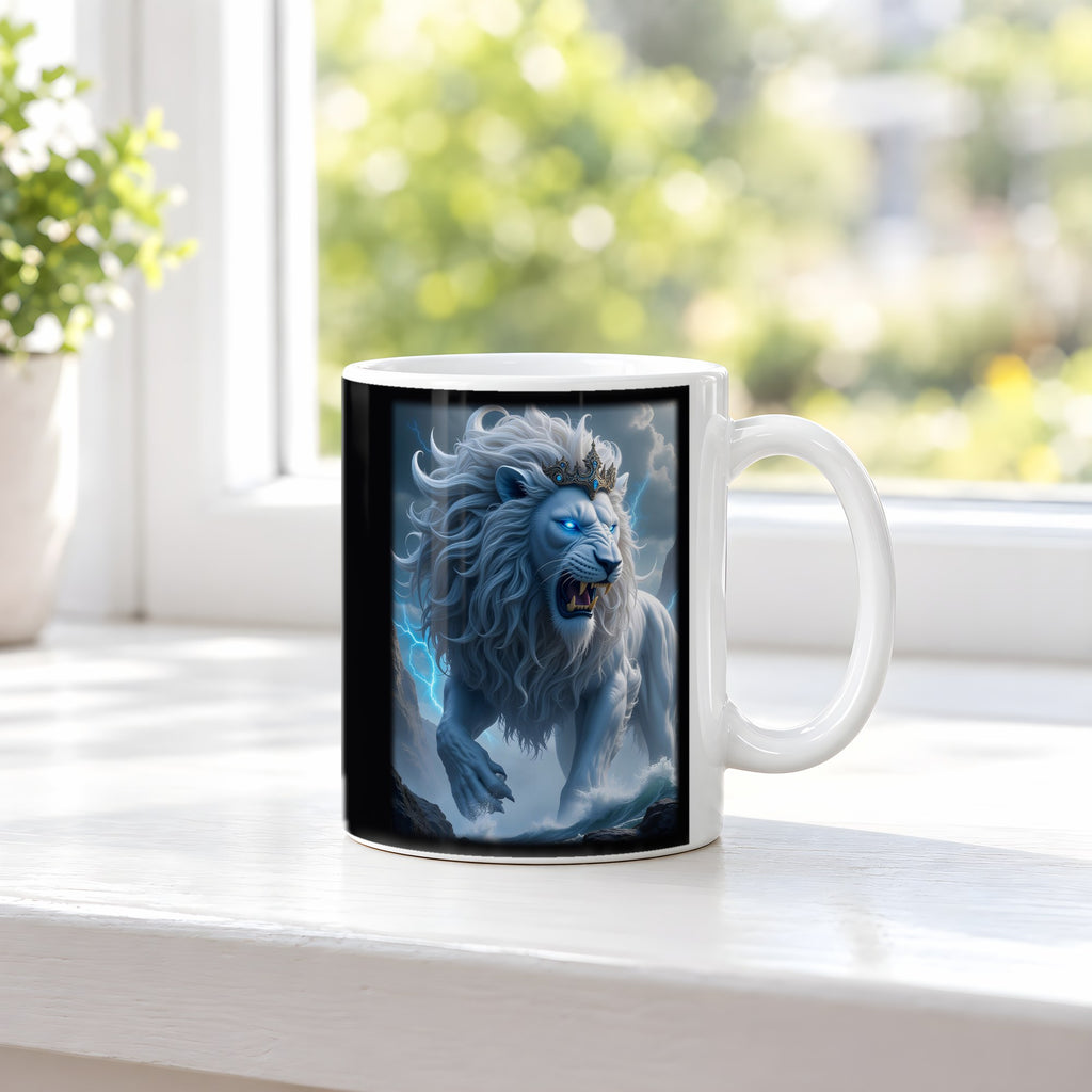 Der Blitzlöwe – weiße Tasse, auf der Fensterbank