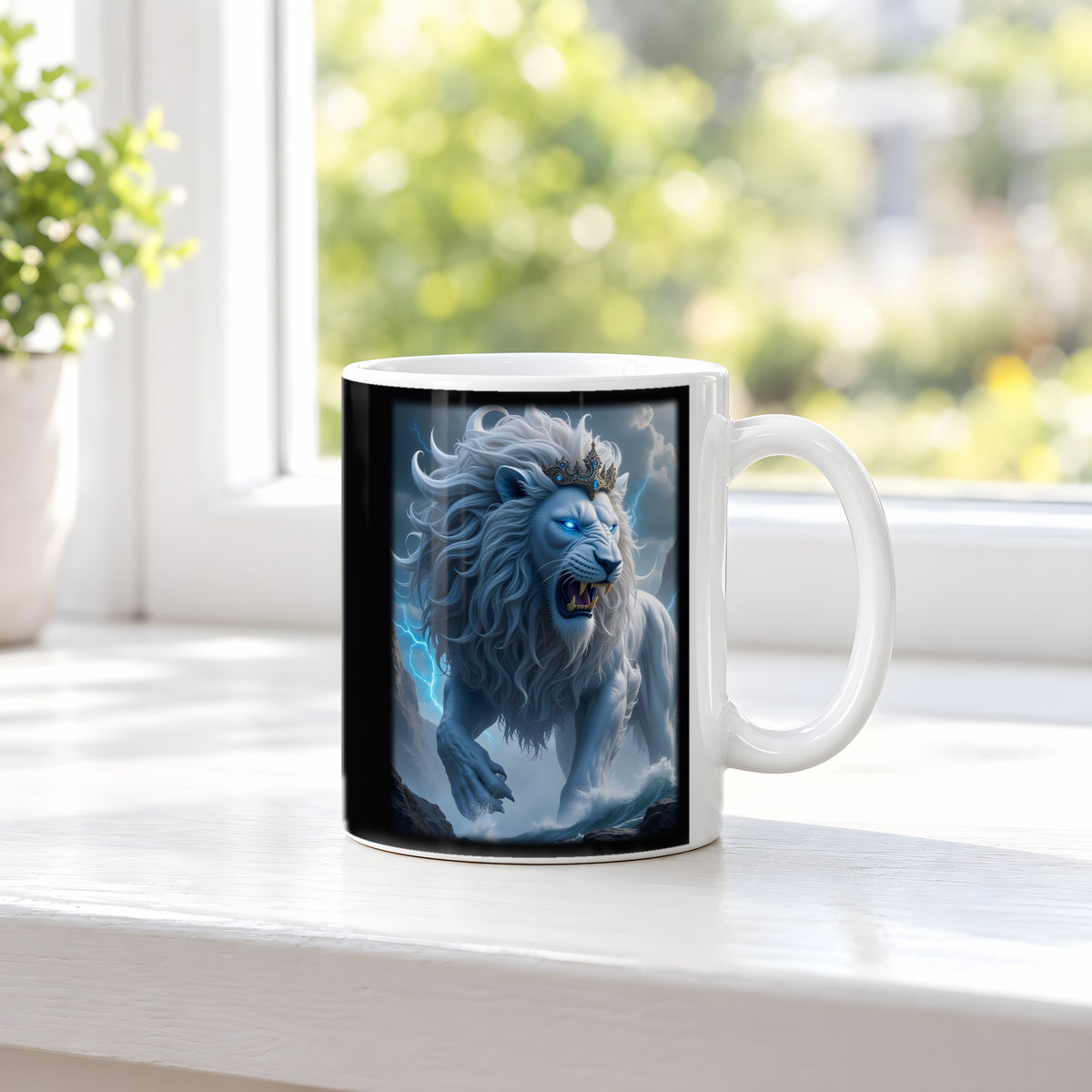 Der Blitzlöwe – weiße Tasse, auf der Fensterbank