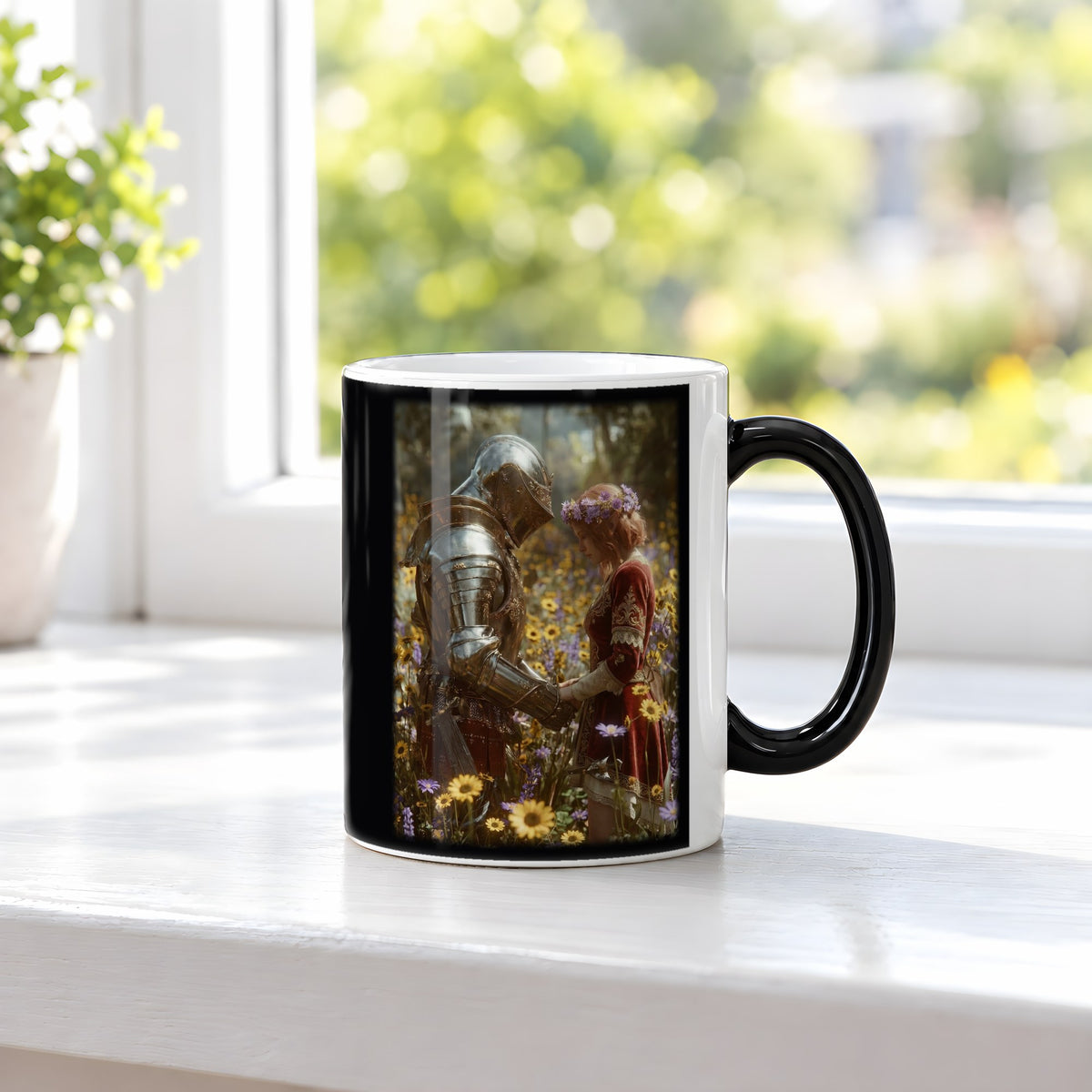 Das Blütenversprechen – Black Edition Zaubertasse mit Motiv (heiß), auf der Fensterbank