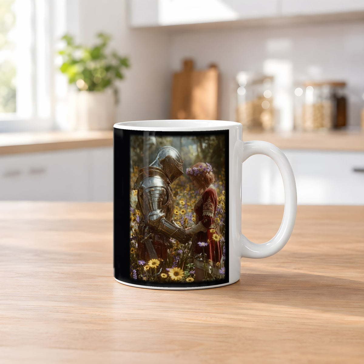 Das Blütenversprechen – weiße Tasse, auf dem Küchentresen