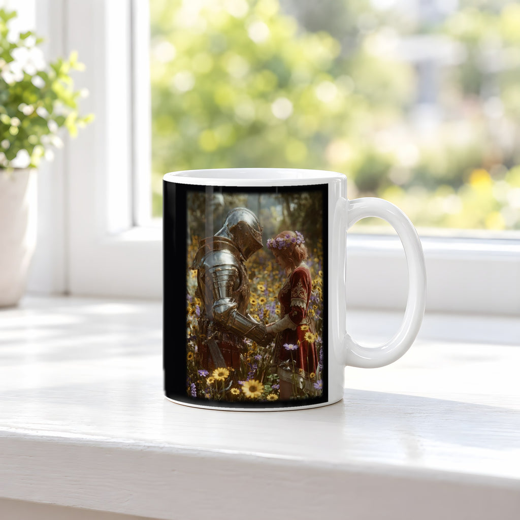 Das Blütenversprechen – weiße Tasse, auf der Fensterbank