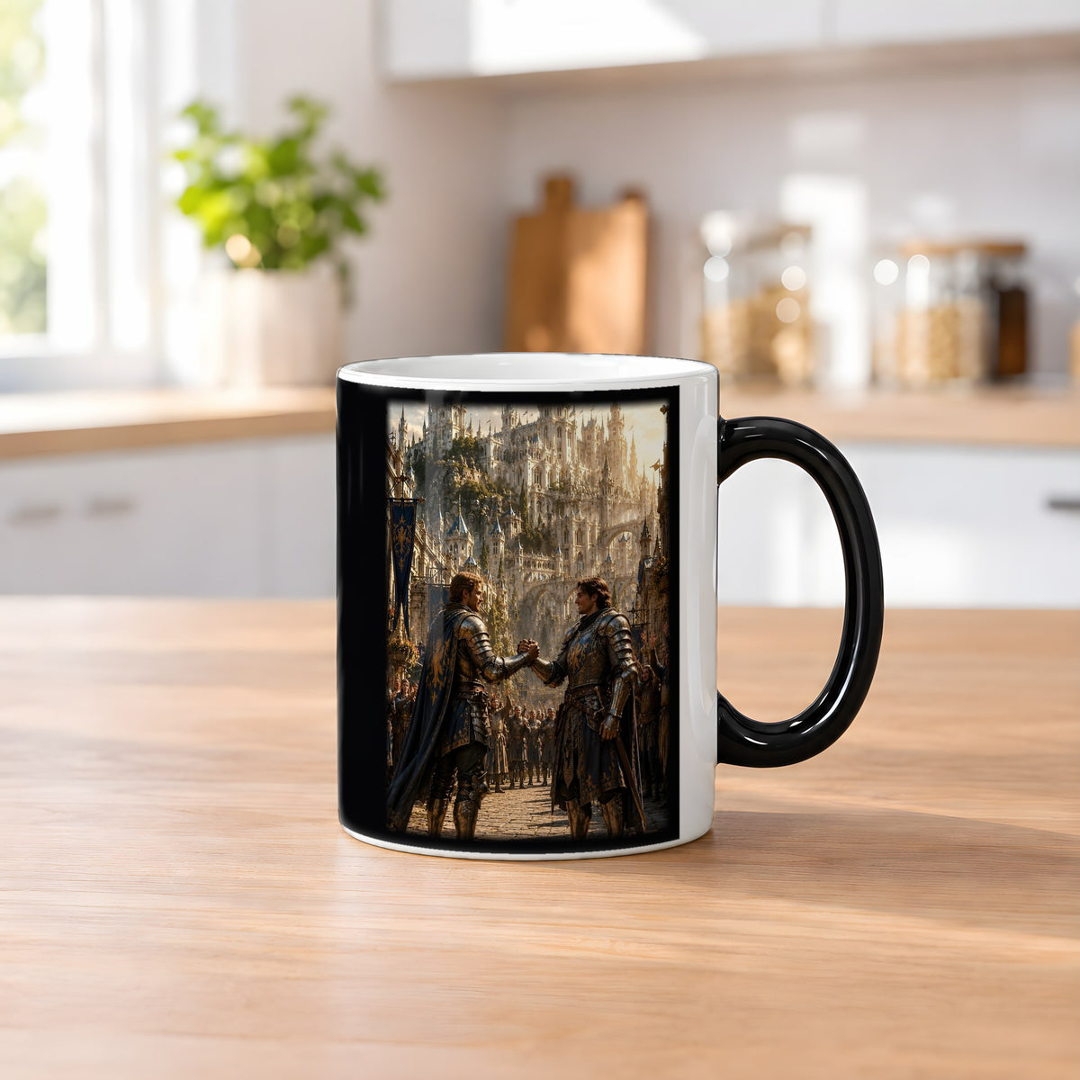 Der Bruderschwur – Black Edition Zaubertasse mit Motiv (heiß), auf dem Küchentresen