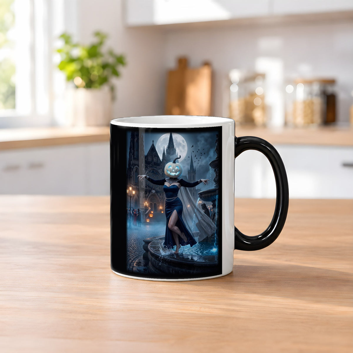 Die Brunnentänzerin – Black Edition Zaubertasse mit Motiv (heiß), auf dem Küchentresen