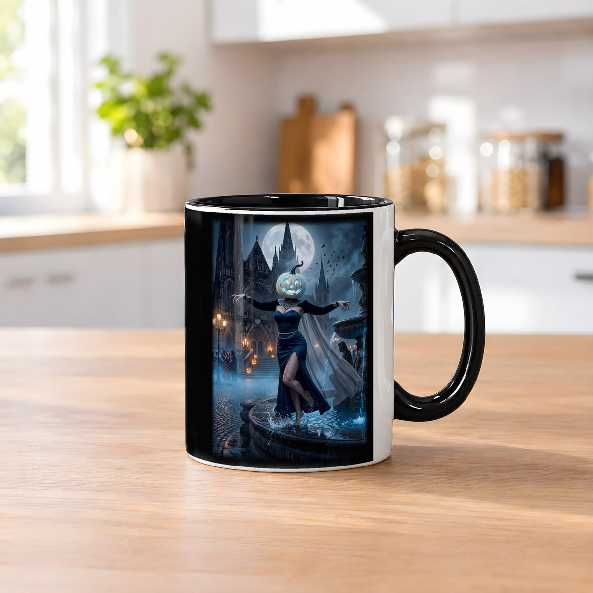 Die Brunnentänzerin – Tasse innen schwarz, auf dem Küchentresen