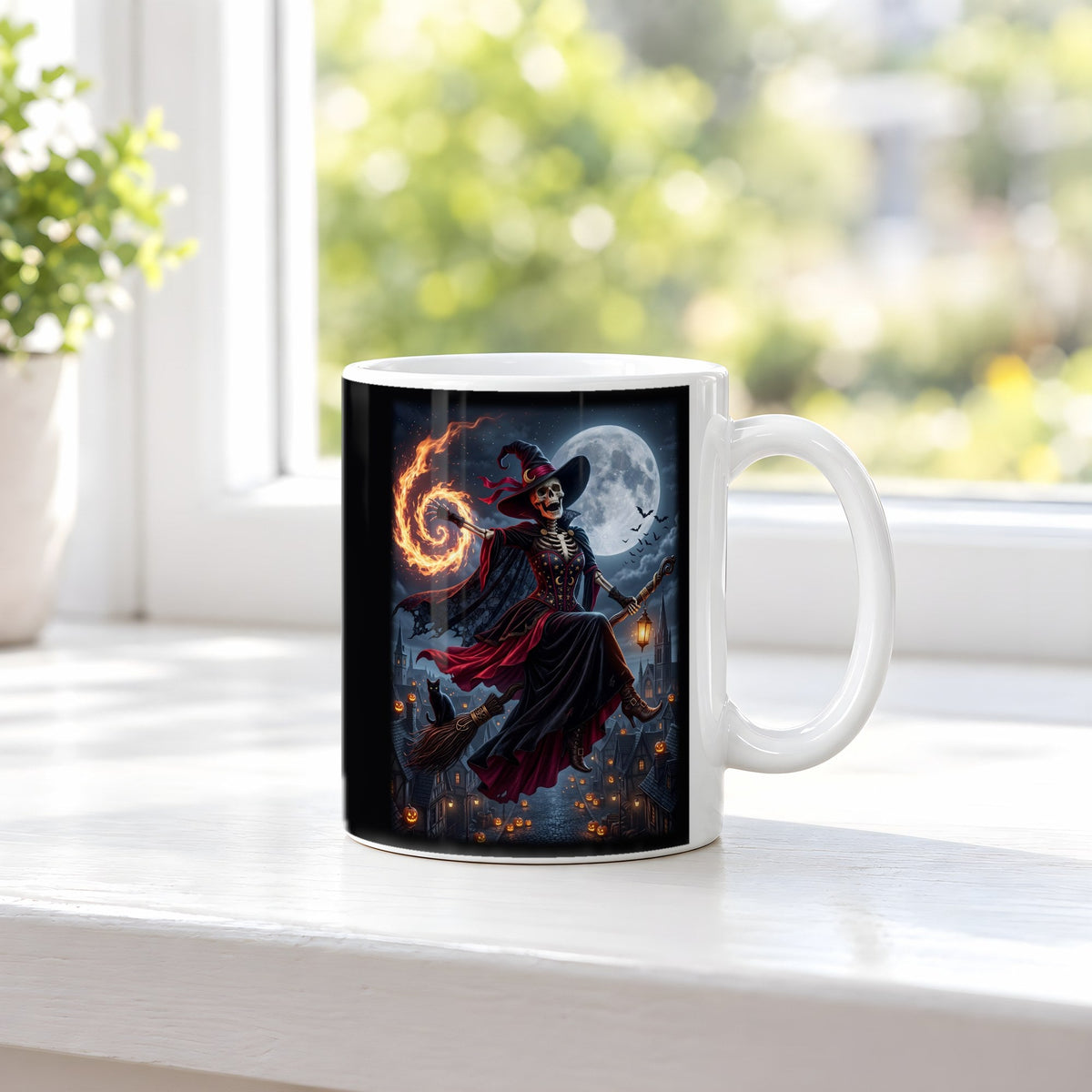 Die Besenkönigin – weiße Tasse, auf der Fensterbank