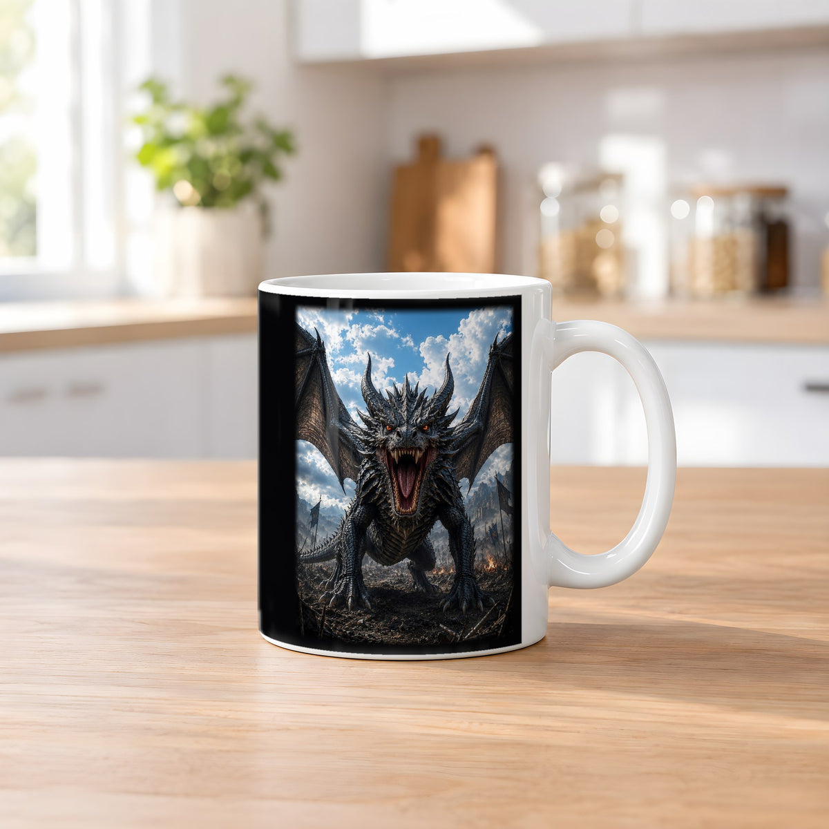 Der Blutzahn – weiße Tasse, auf dem Küchentresen
