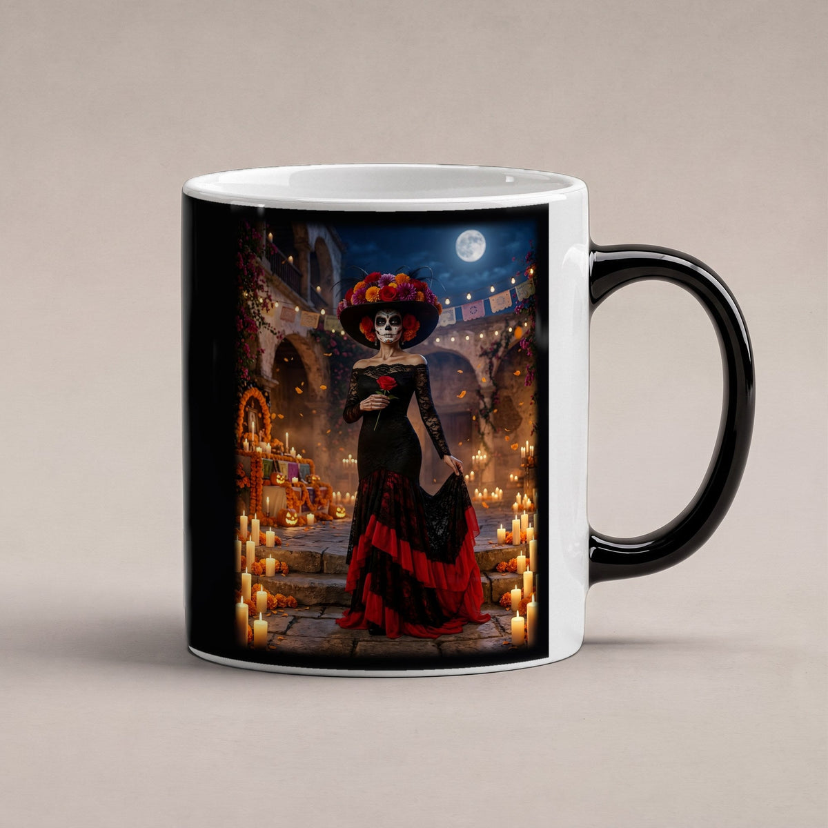 Die Catrina – Black Edition Zaubertasse mit Motiv (heiß), freigestellt