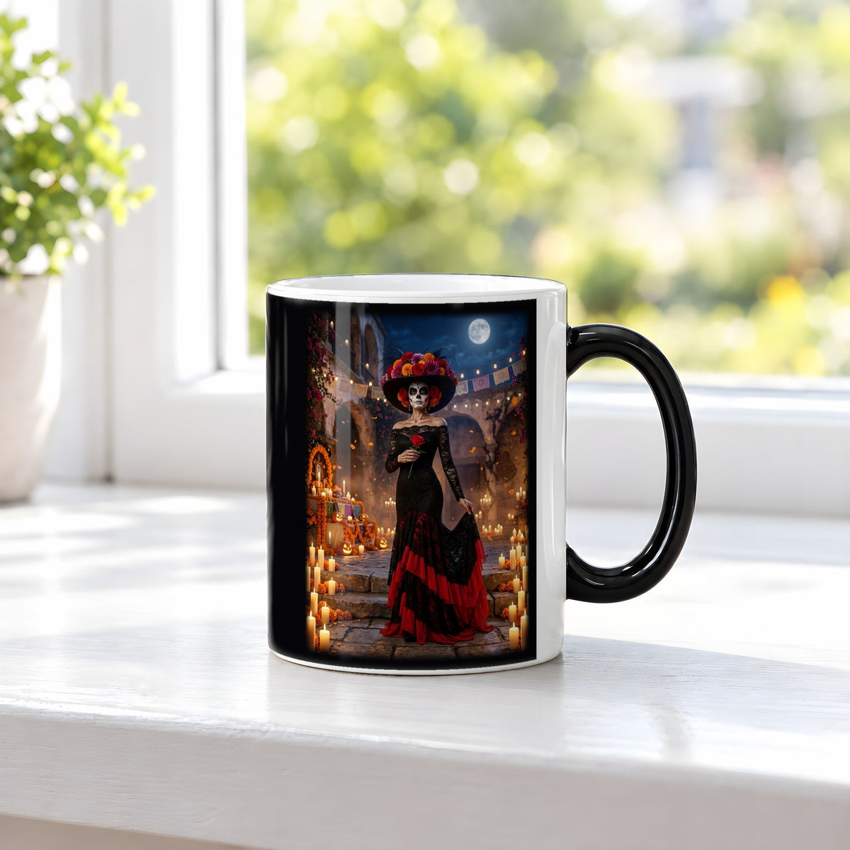 Die Catrina – Black Edition Zaubertasse mit Motiv (heiß), auf der Fensterbank