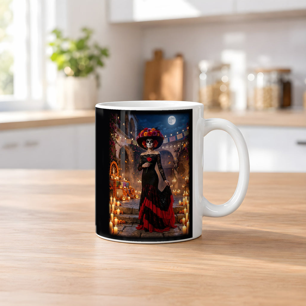 Die Catrina – weiße Tasse, auf dem Küchentresen