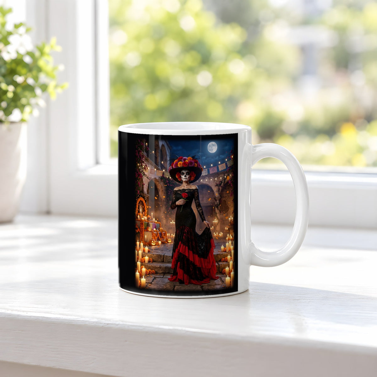 Die Catrina – weiße Tasse, auf der Fensterbank
