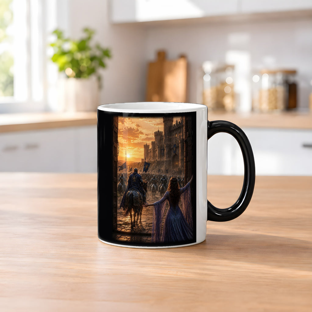Der Abschied – Black Edition Zaubertasse mit Motiv (heiß), auf dem Küchentresen