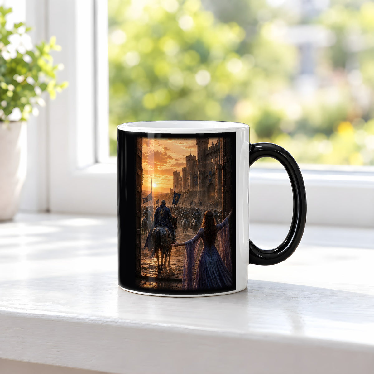 Der Abschied – Black Edition Zaubertasse mit Motiv (heiß), auf der Fensterbank