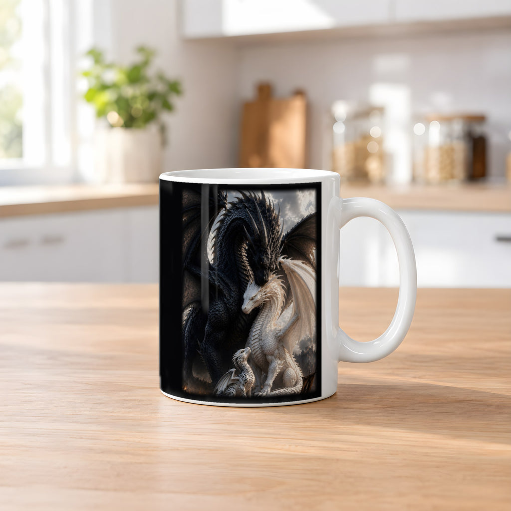 Die Drachenbrut – weiße Tasse, auf dem Küchentresen
