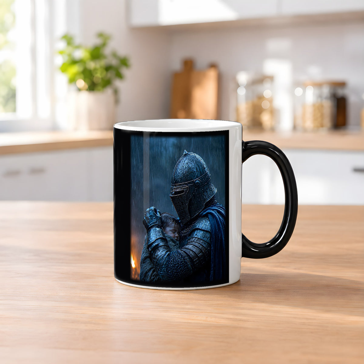 Der Beschützer – Black Edition Zaubertasse mit Motiv (heiß), auf dem Küchentresen