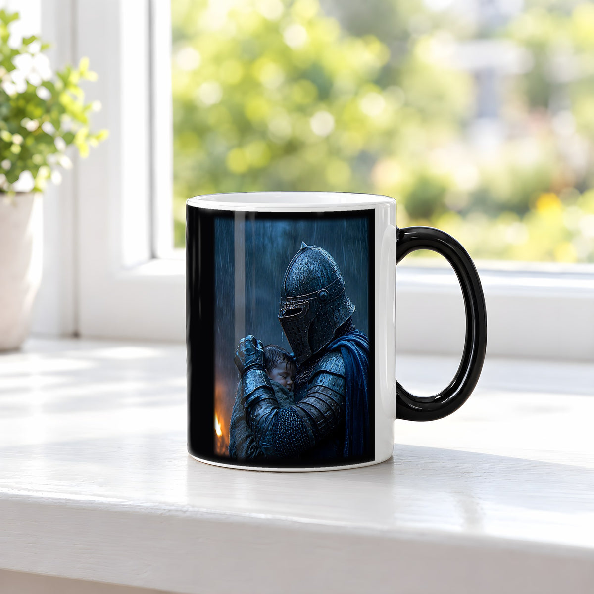 Der Beschützer – Black Edition Zaubertasse mit Motiv (heiß), auf der Fensterbank
