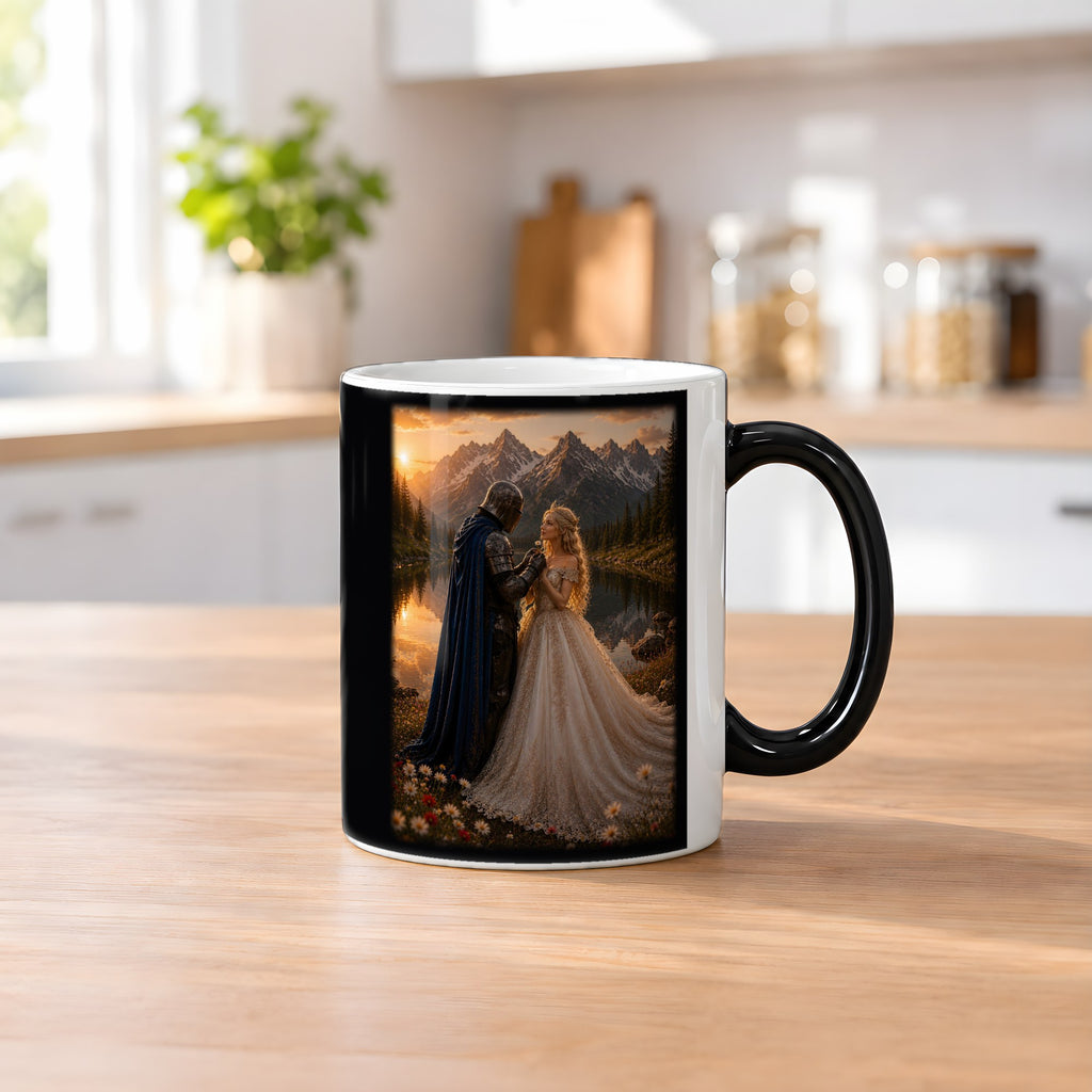 Der blaue Umhang – Black Edition Zaubertasse mit Motiv (heiß), auf dem Küchentresen