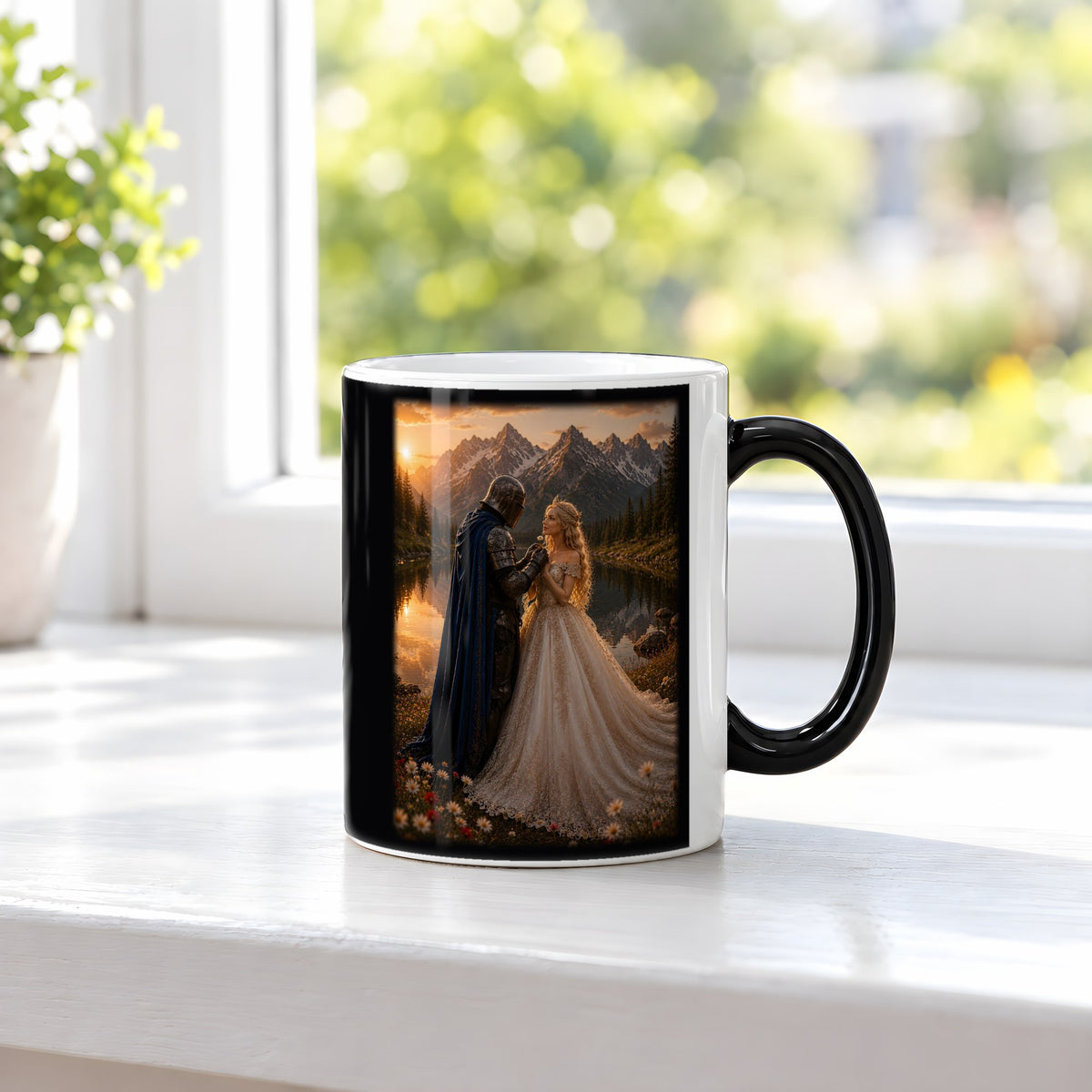 Der blaue Umhang – Black Edition Zaubertasse mit Motiv (heiß), auf der Fensterbank