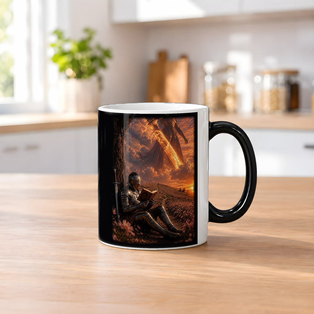 Die Feuerlegende – Black Edition Zaubertasse mit Motiv (heiß), auf dem Küchentresen