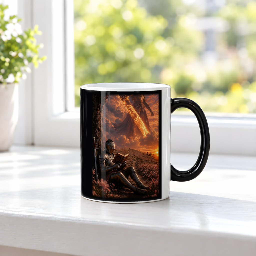Die Feuerlegende – Black Edition Zaubertasse mit Motiv (heiß), auf der Fensterbank