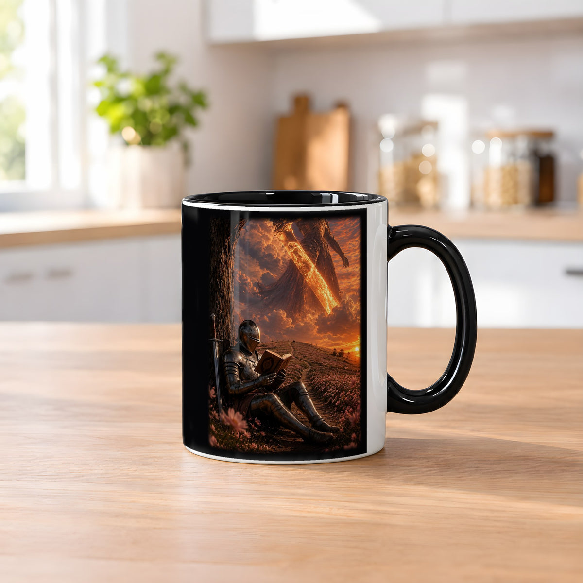 Die Feuerlegende – Tasse innen schwarz, auf dem Küchentresen