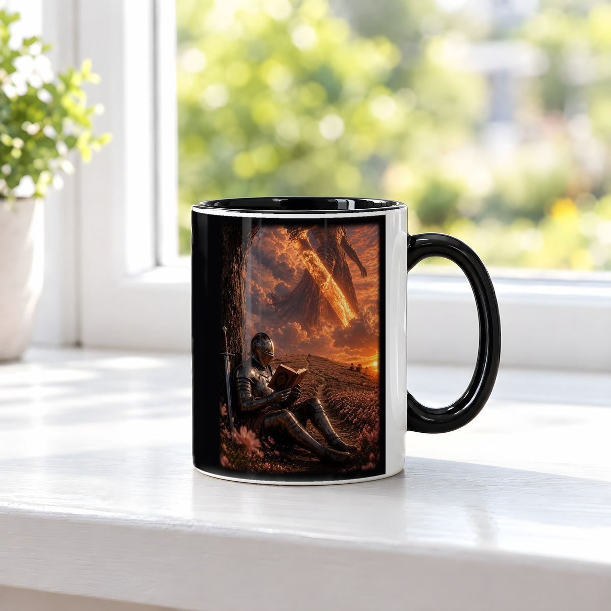 Die Feuerlegende – Tasse innen schwarz, auf der Fensterbank