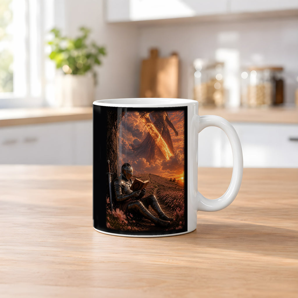 Die Feuerlegende – weiße Tasse, auf dem Küchentresen