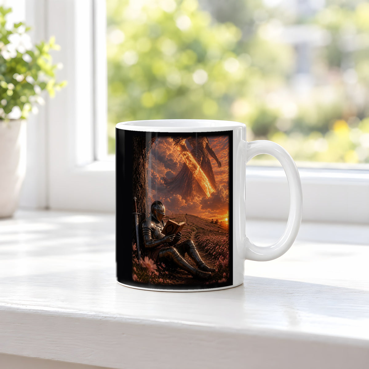 Die Feuerlegende – weiße Tasse, auf der Fensterbank