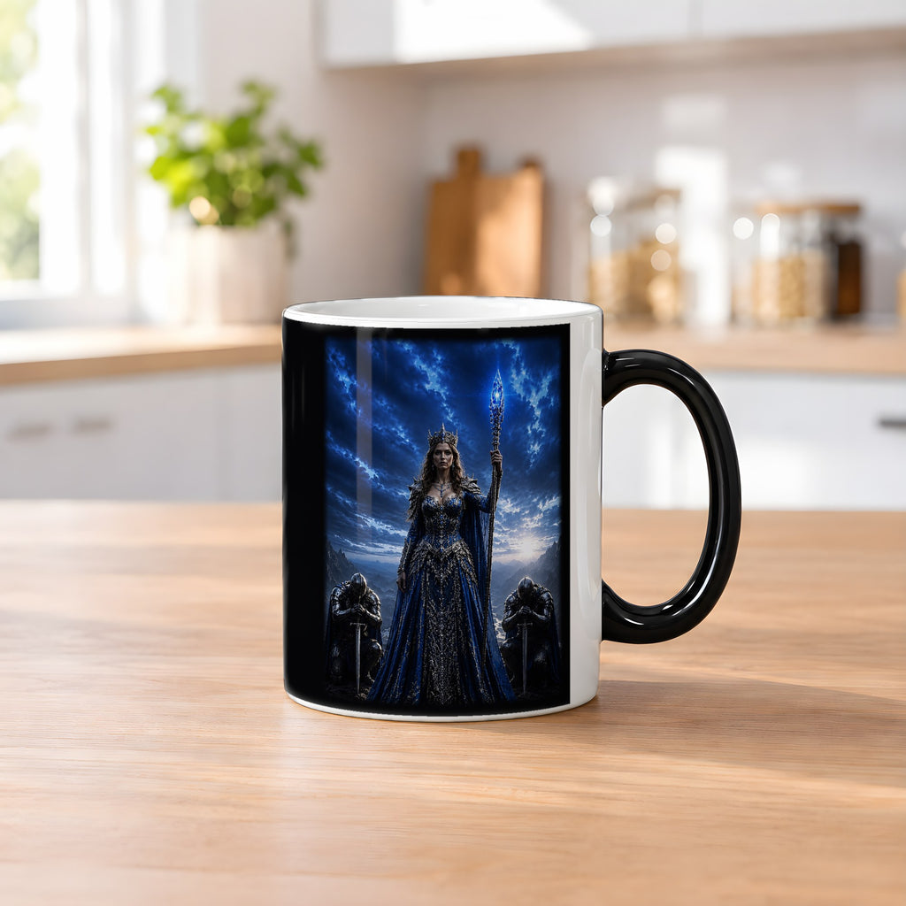 Die Saphirkönigin – Black Edition Zaubertasse mit Motiv (heiß), auf dem Küchentresen