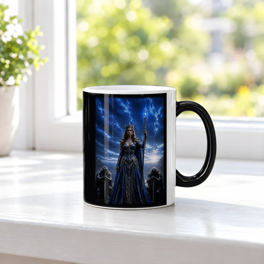 Die Saphirkönigin – Black Edition Zaubertasse mit Motiv (heiß), auf der Fensterbank