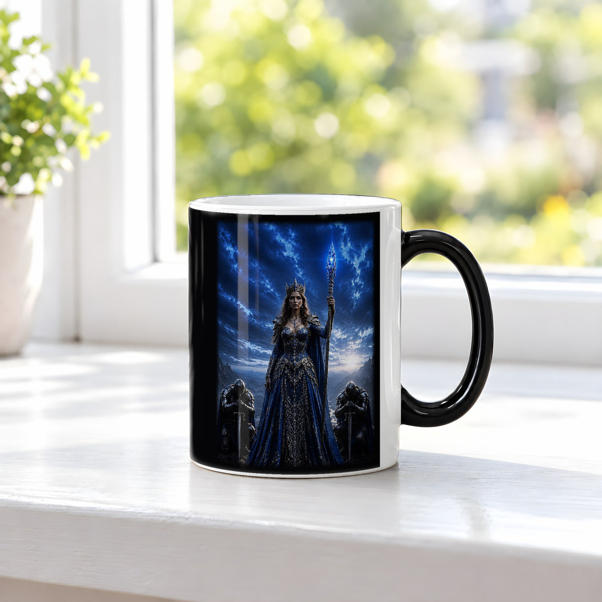 Die Saphirkönigin – Black Edition Zaubertasse mit Motiv (heiß), auf der Fensterbank