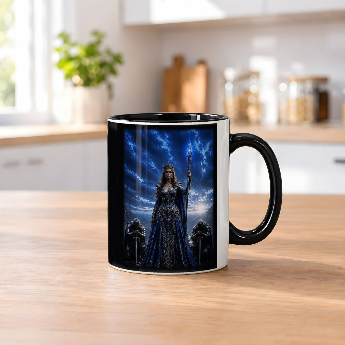 Die Saphirkönigin – Tasse innen schwarz, auf dem Küchentresen