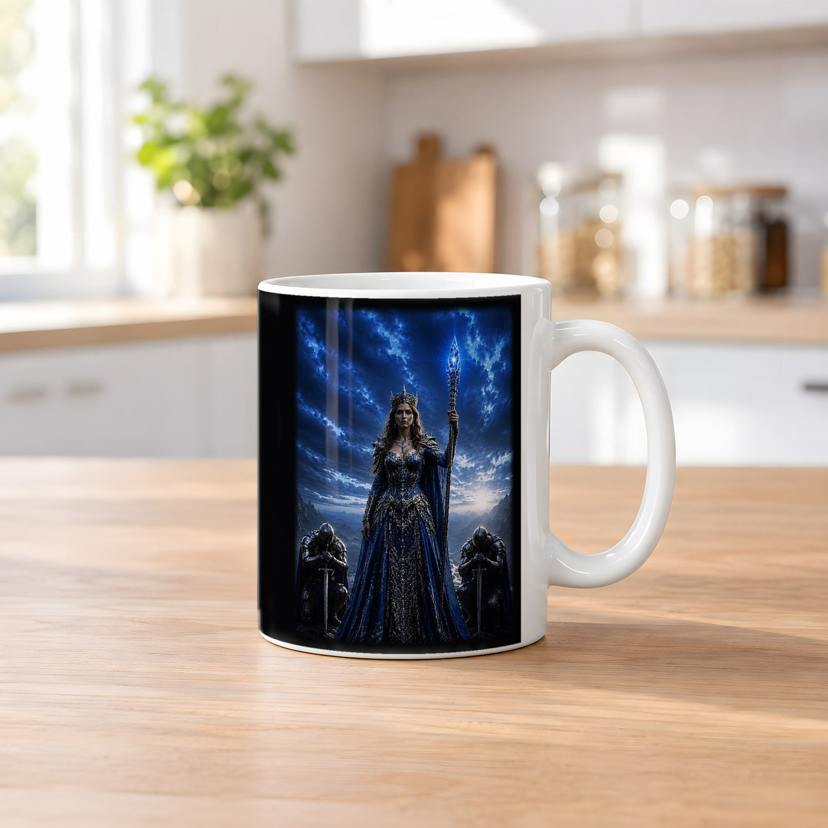 Die Saphirkönigin – weiße Tasse, auf dem Küchentresen