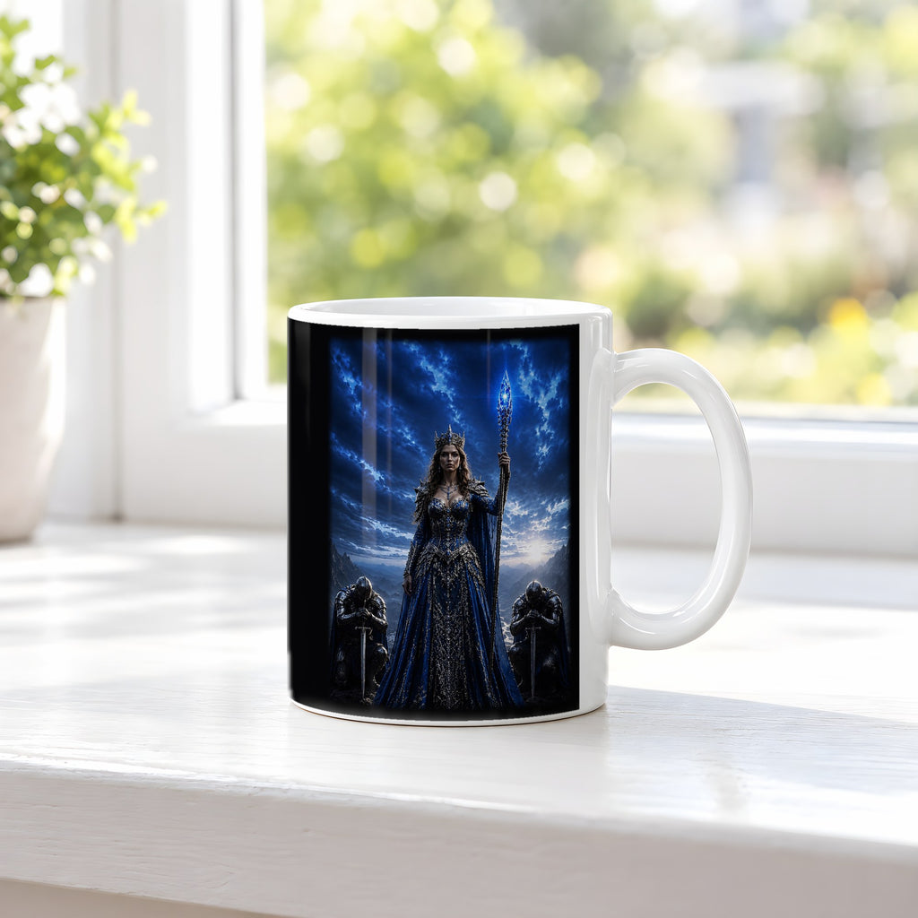 Die Saphirkönigin – weiße Tasse, auf der Fensterbank