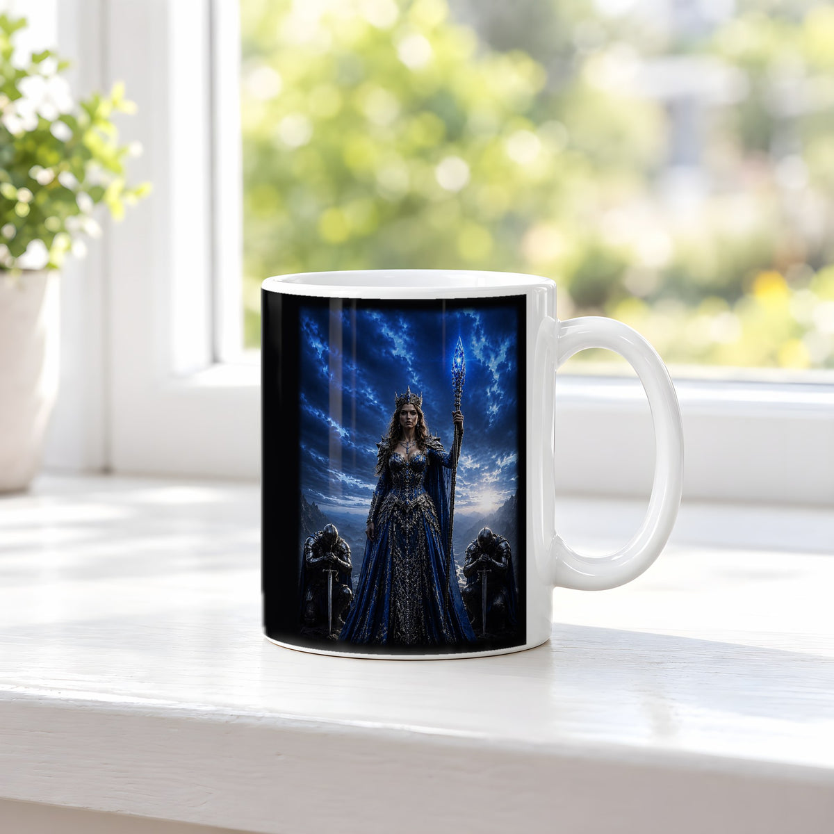 Die Saphirkönigin – weiße Tasse, auf der Fensterbank