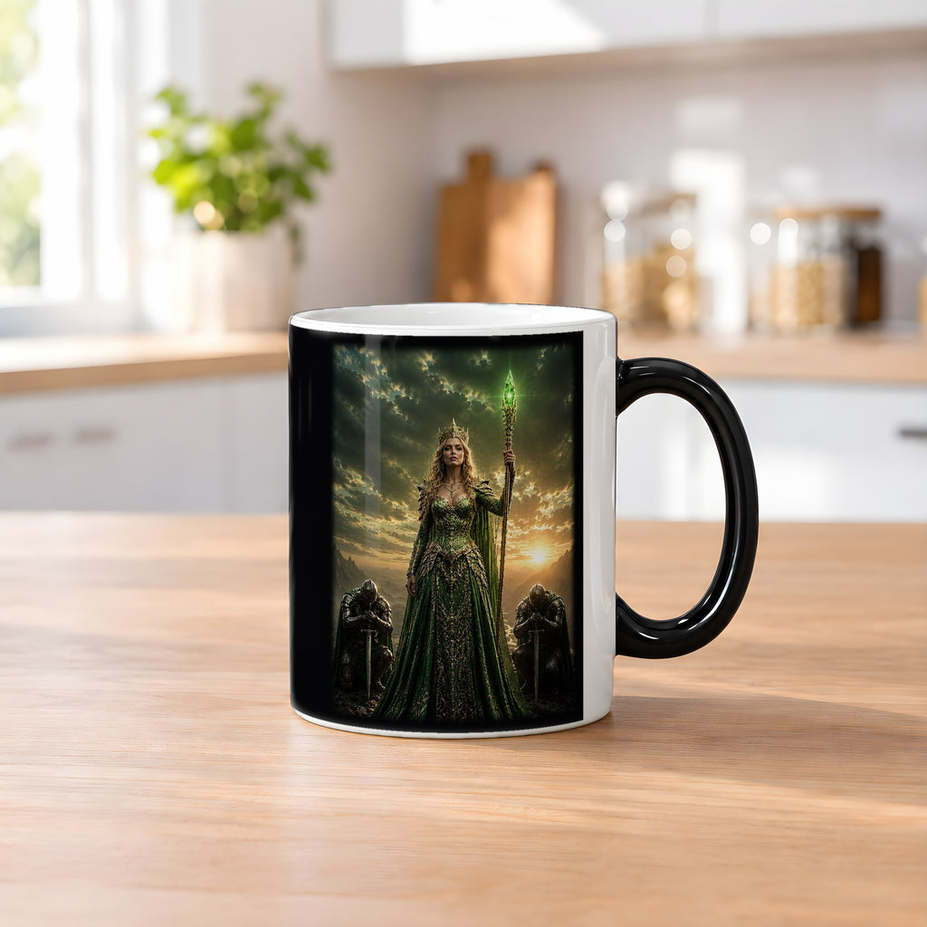 Die Smaragdkönigin – Black Edition Zaubertasse mit Motiv (heiß), auf dem Küchentresen