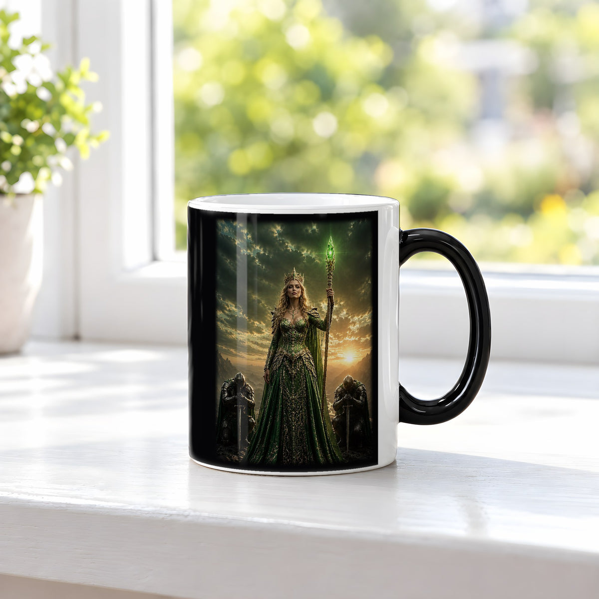 Die Smaragdkönigin – Black Edition Zaubertasse mit Motiv (heiß), auf der Fensterbank