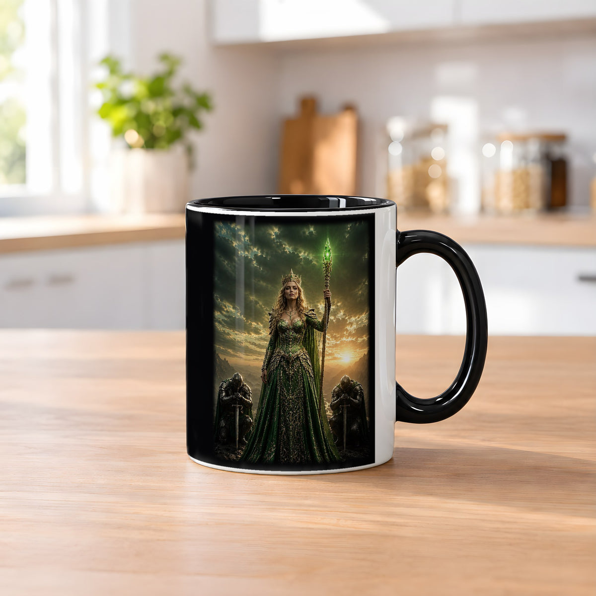 Die Smaragdkönigin – Tasse innen schwarz, auf dem Küchentresen