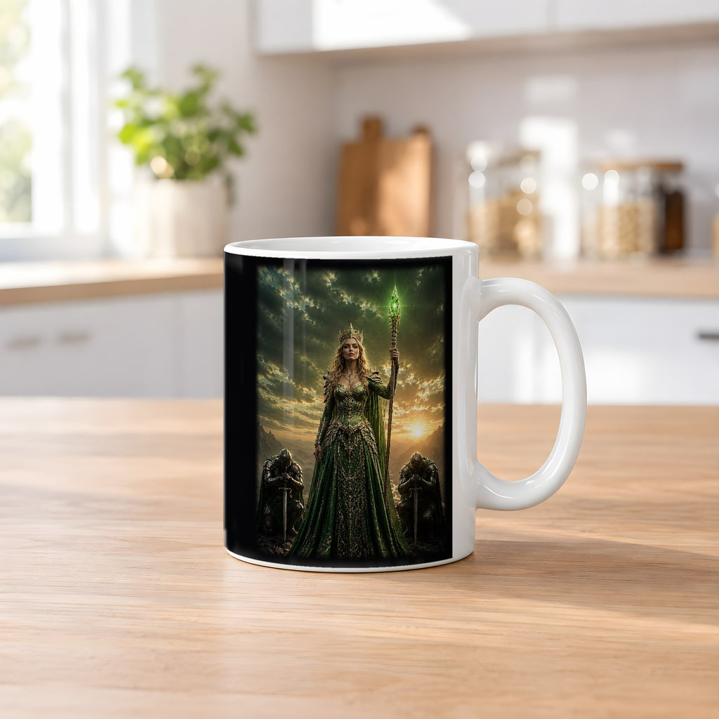 Die Smaragdkönigin – weiße Tasse, auf dem Küchentresen