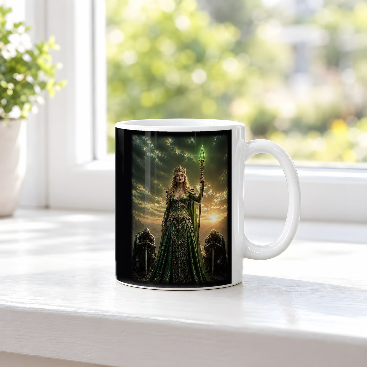 Die Smaragdkönigin – weiße Tasse, auf der Fensterbank