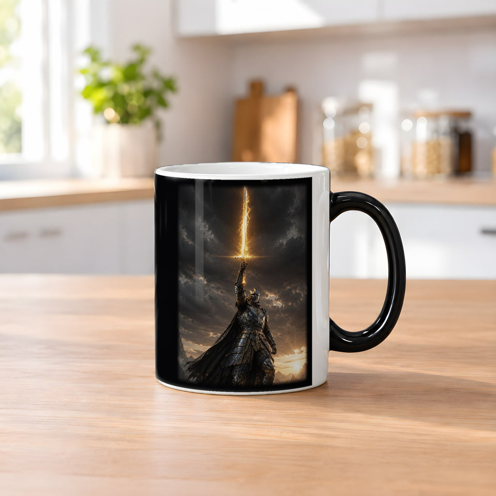 Die Sonnenklinge – Black Edition Zaubertasse mit Motiv (heiß), auf dem Küchentresen