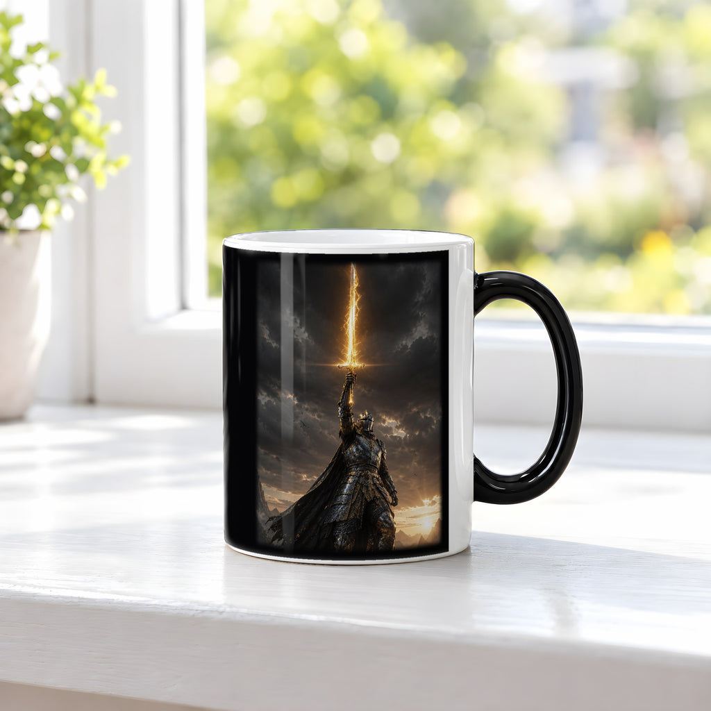 Die Sonnenklinge – Black Edition Zaubertasse mit Motiv (heiß), auf der Fensterbank