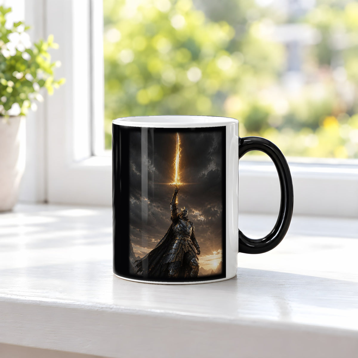 Die Sonnenklinge – Black Edition Zaubertasse mit Motiv (heiß), auf der Fensterbank