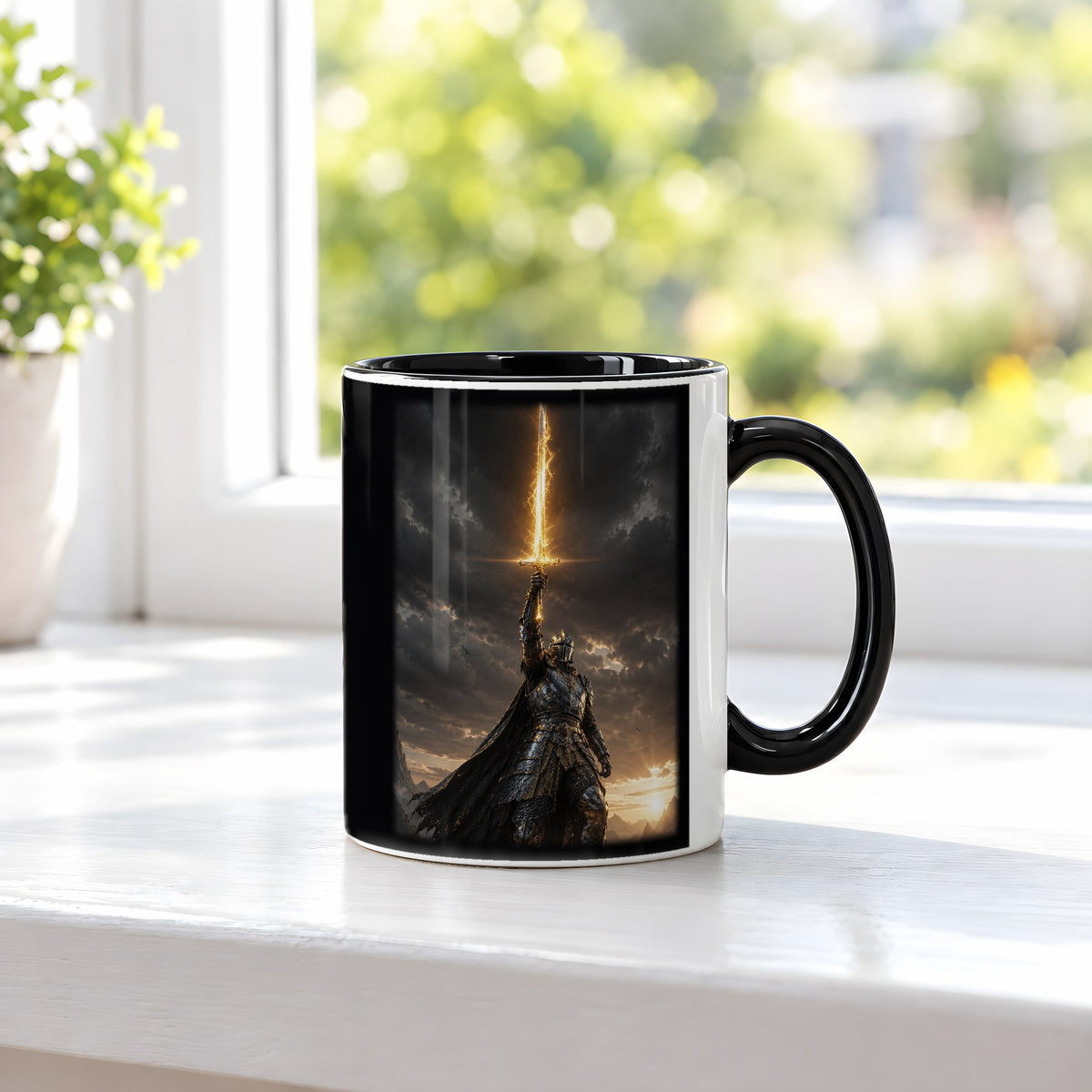 Die Sonnenklinge – Tasse innen schwarz, auf der Fensterbank