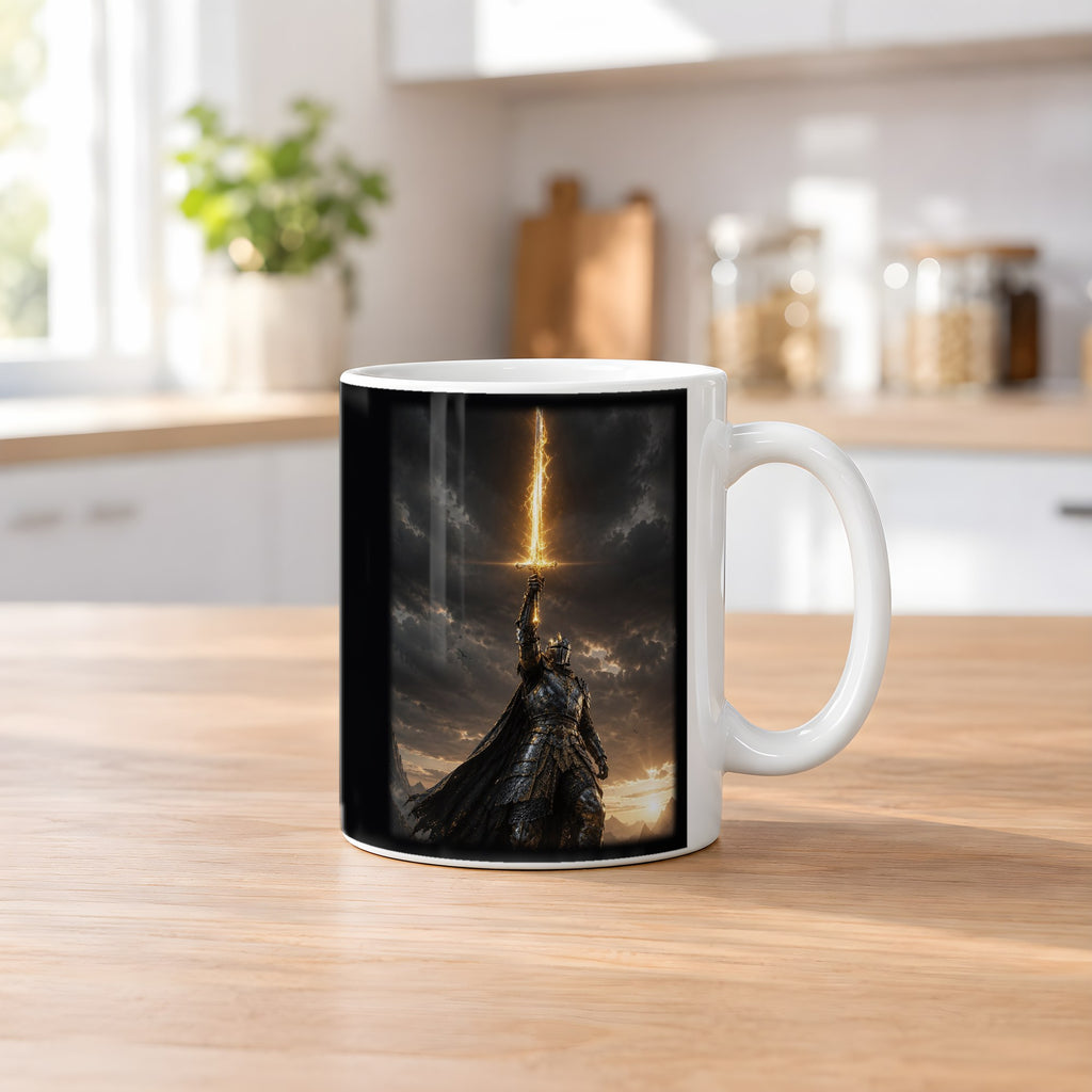 Die Sonnenklinge – weiße Tasse, auf dem Küchentresen