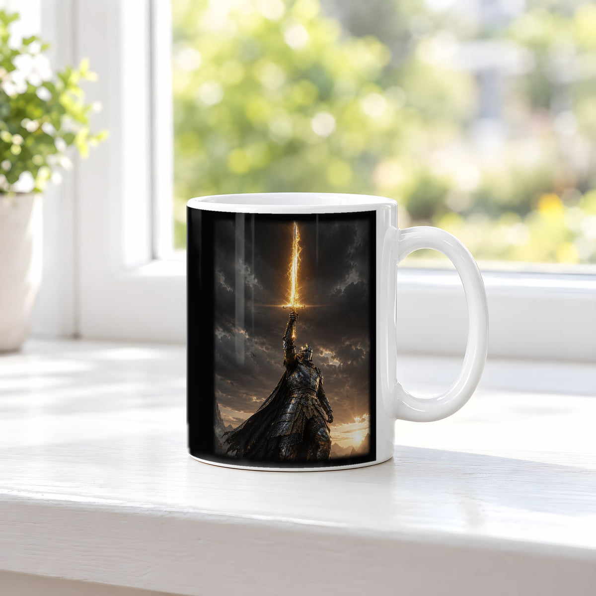 Die Sonnenklinge – weiße Tasse, auf der Fensterbank