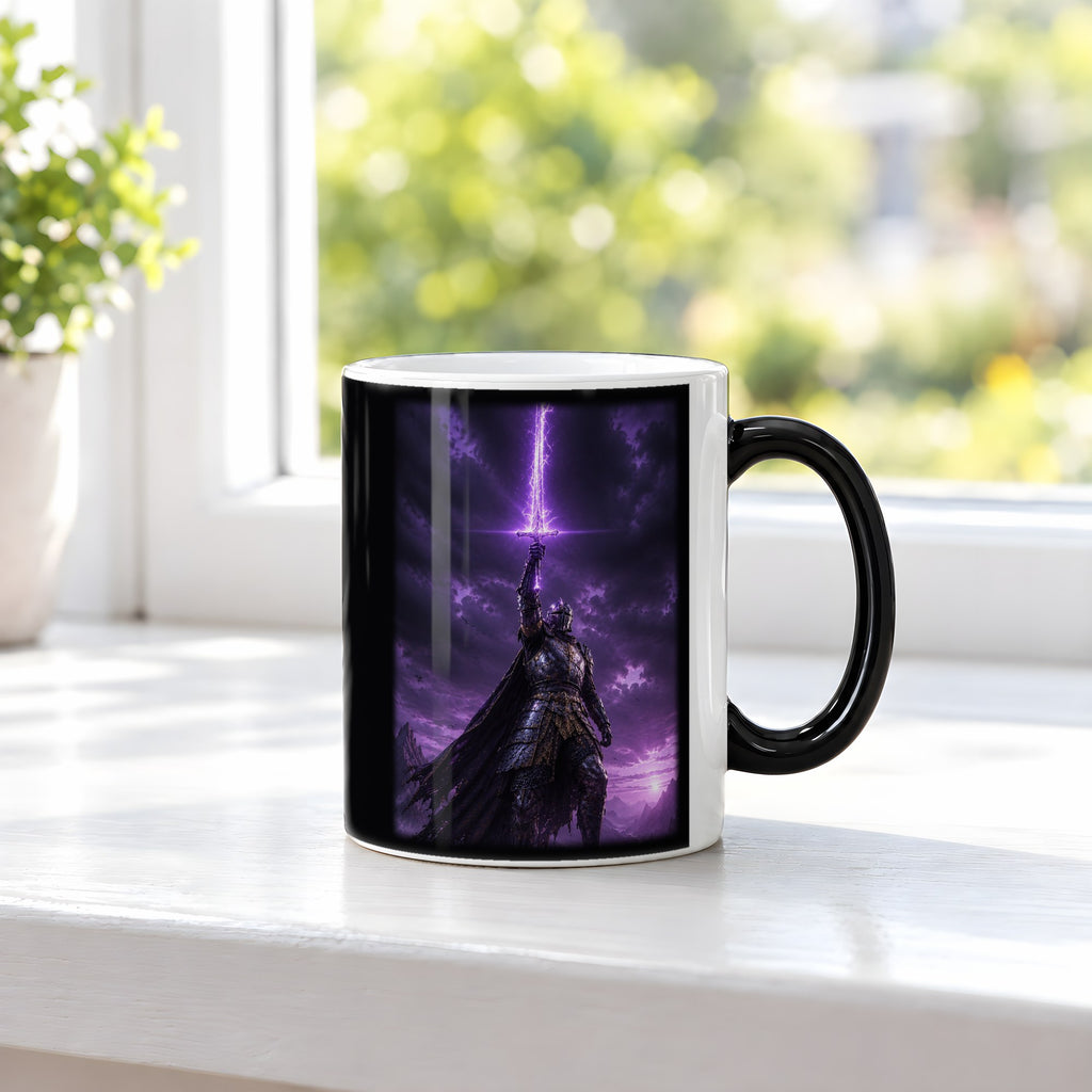 Die Sturmklinge – Black Edition Zaubertasse mit Motiv (heiß), auf der Fensterbank