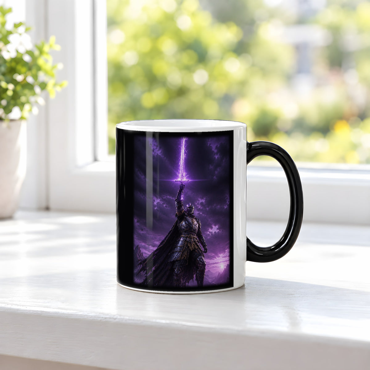 Die Sturmklinge – Black Edition Zaubertasse mit Motiv (heiß), auf der Fensterbank