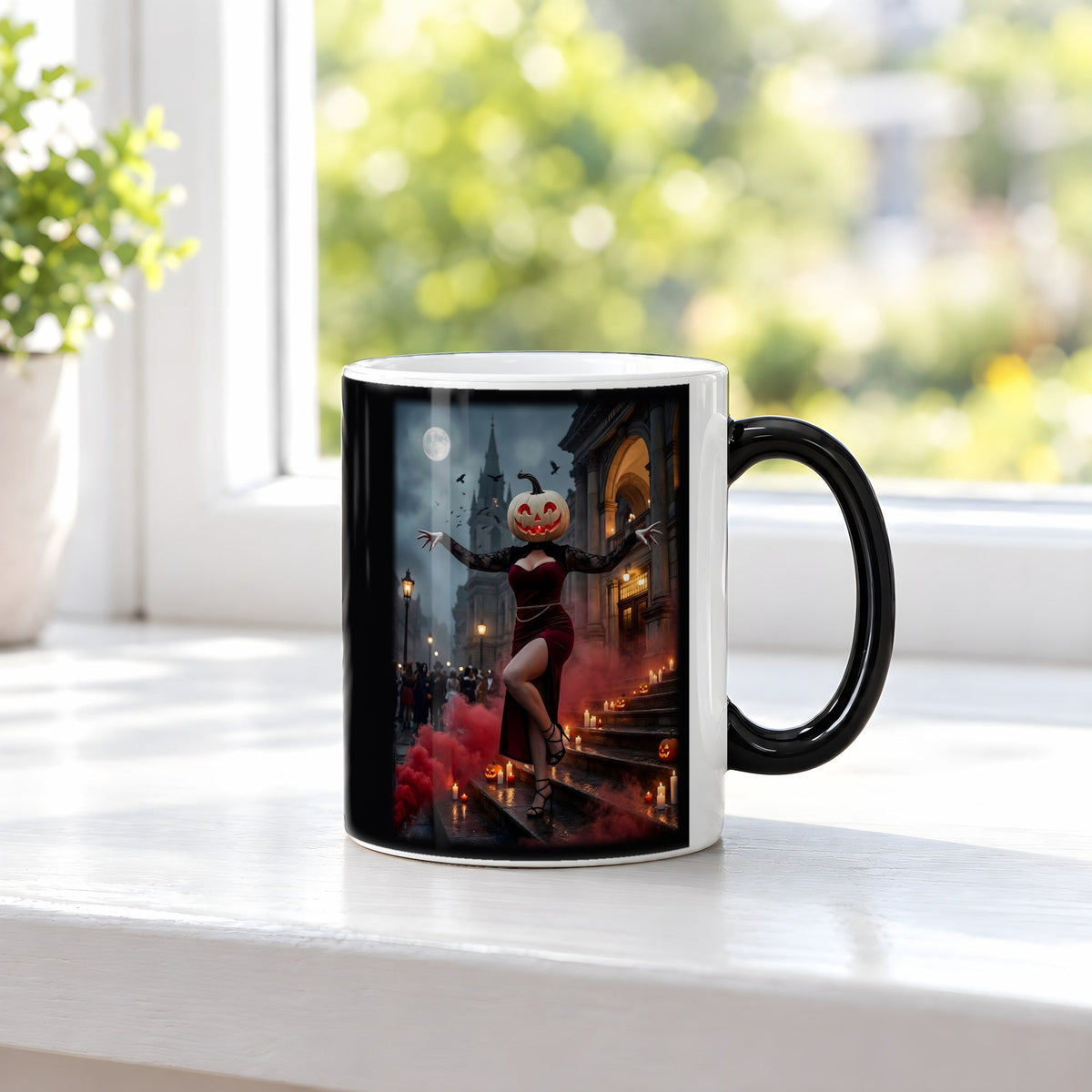 Die Dame in Rot – Black Edition Zaubertasse mit Motiv (heiß), auf der Fensterbank